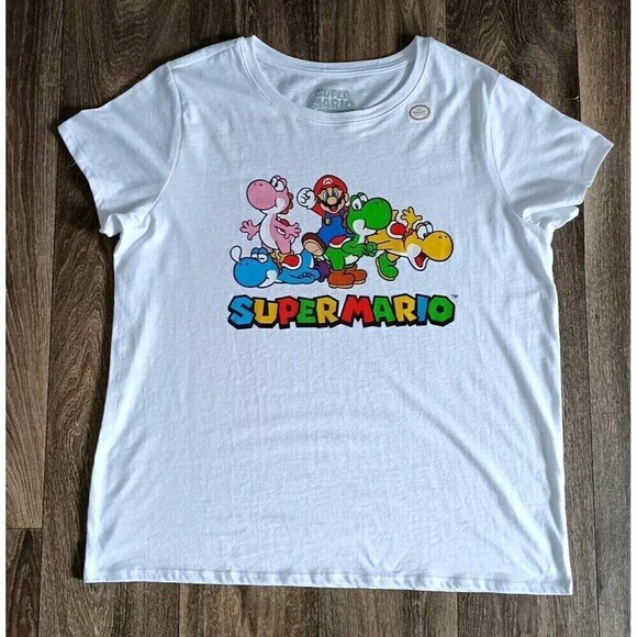 Hybrid Apparel Tops - Mario T-Shirt Women's Size Large Video Game Graphic White Short Sleeve